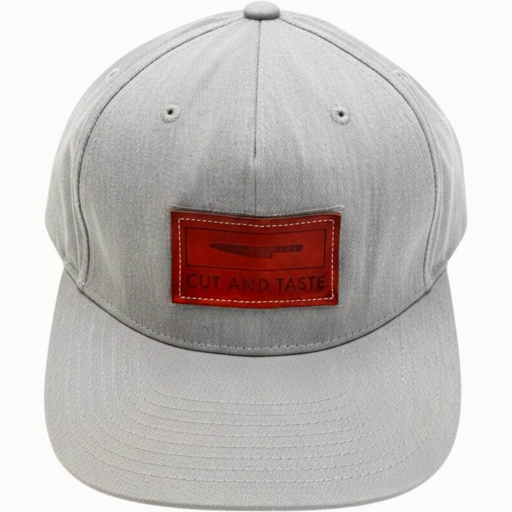 Cut and Taste Snapback Hat OSFM Grey Leather Patch Butcher Chef Foodie Cap